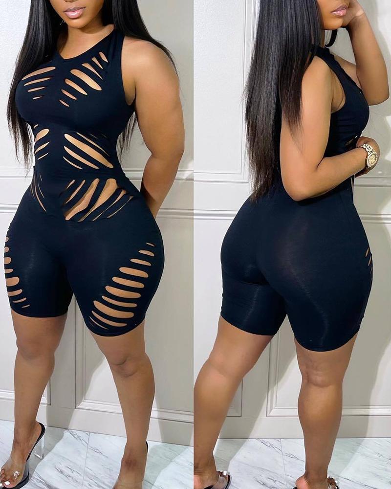 

Ladder Cutout Sleeveless Romper, Black