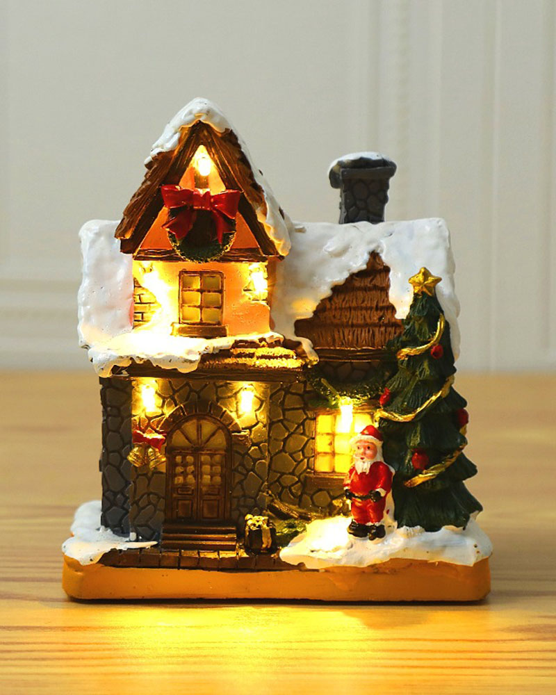 1 pieza de casa de muñecas de Navidad, casa de muñecas en miniatura de pueblo, luz LED, Mini adorno de casa de resina, regalo de cumpleaños de Navidad