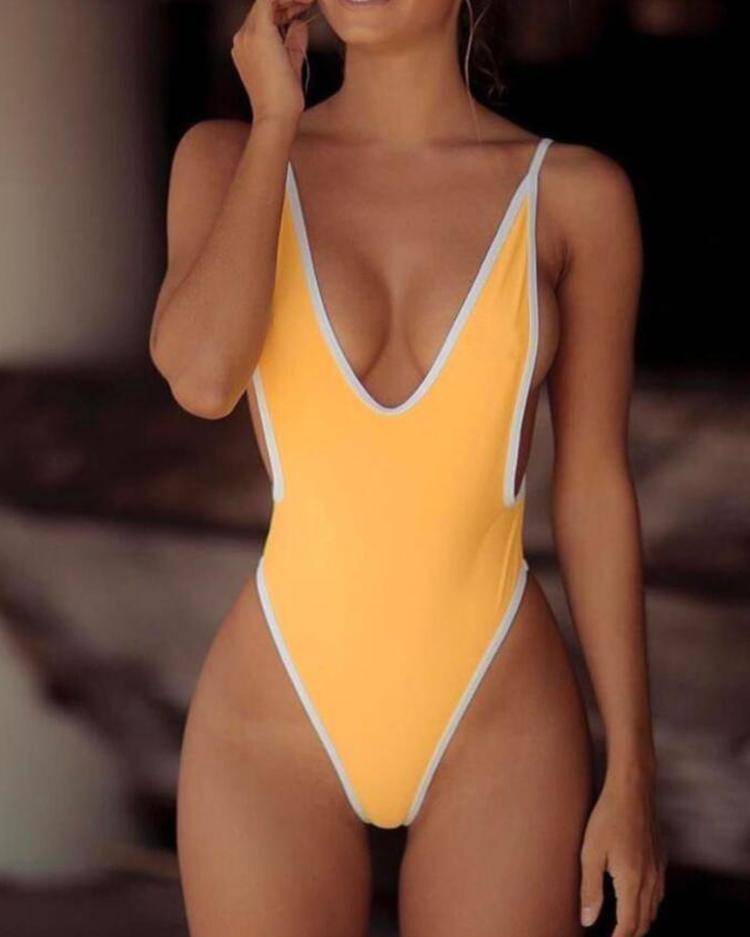 

Deep V Open Back One Piece Swimsuit, Yellow