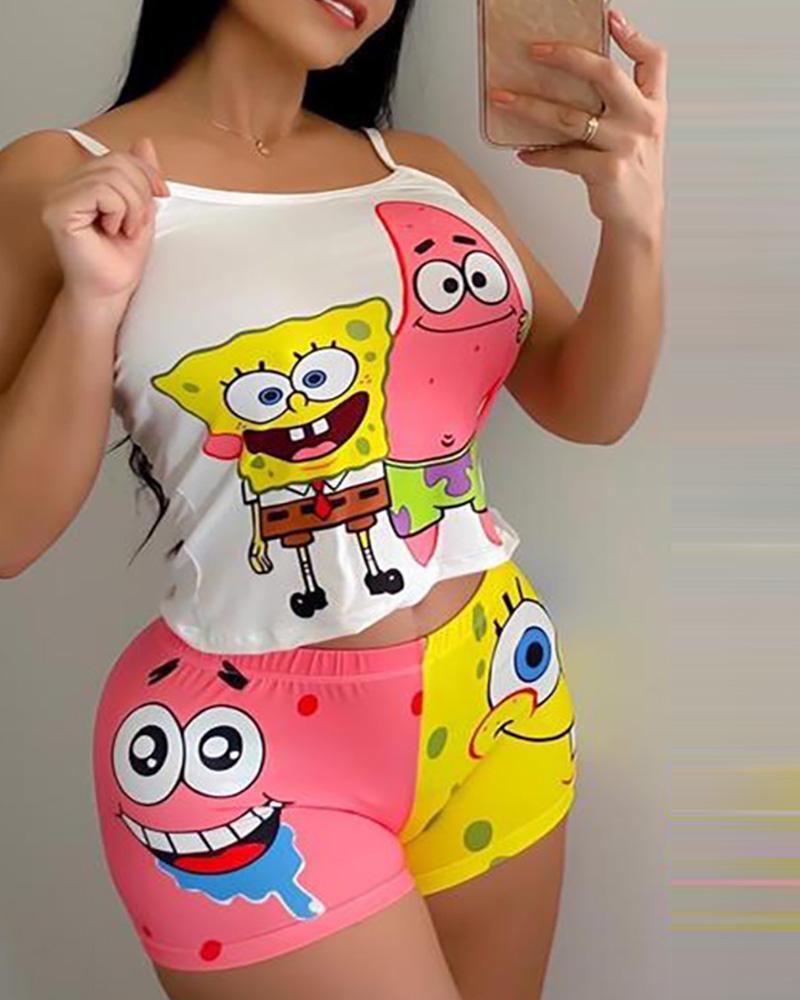 

Cartoon Print SpongeBob Cami Set, Pink