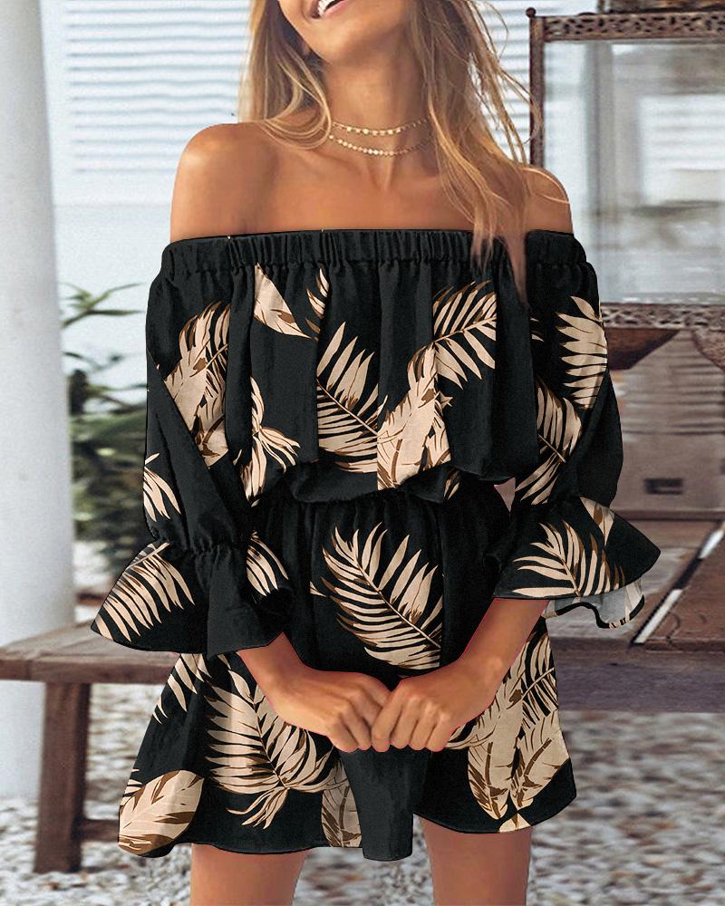 

Leaf Print Off Shoulder Bell Sleeve Casual Dress, Black