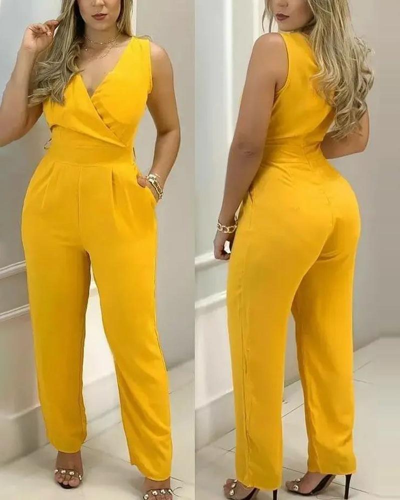 

Sleeveless Pocket Design V-neck Work Jumpsuit, Yellow