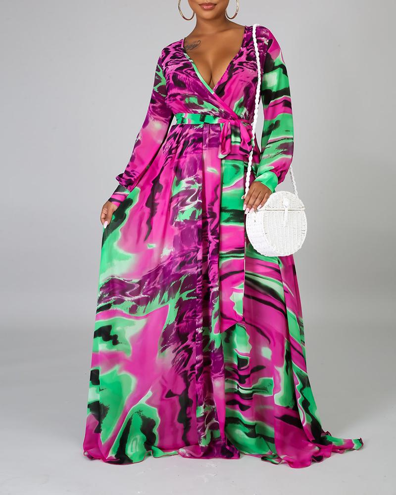 

Lantern Sleeve Tie Dye Print Tied Detail Maxi Dress, Green