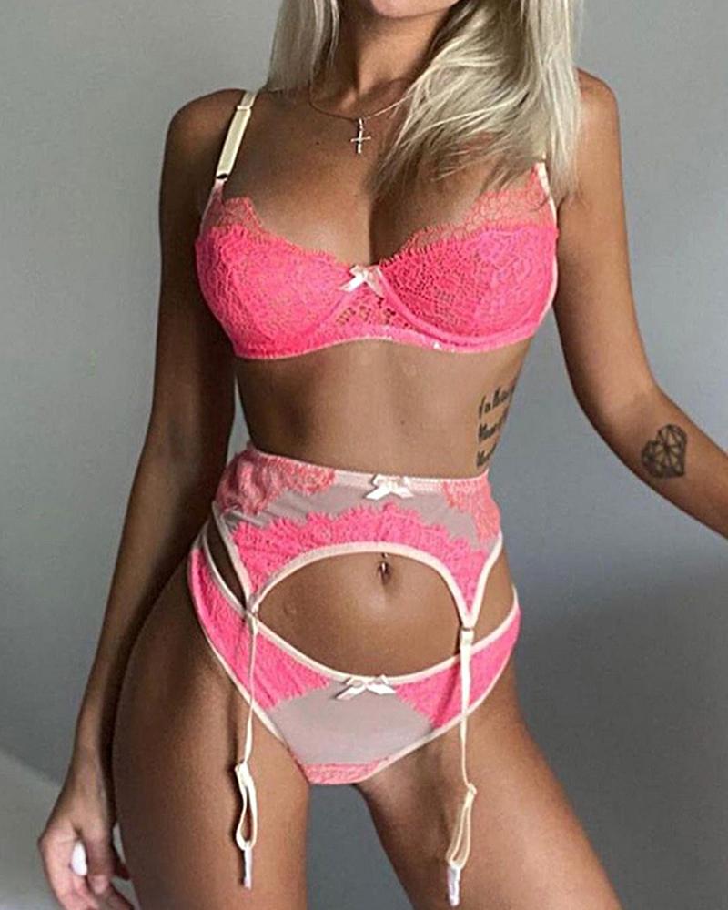 

Sleeveless Low Cut Lace Patchwork Skinny Sexy Sets, Pink