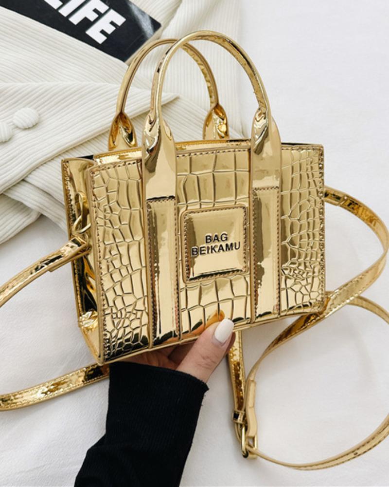 

Crocodile Letter Pattern Satchel Bag, Gold