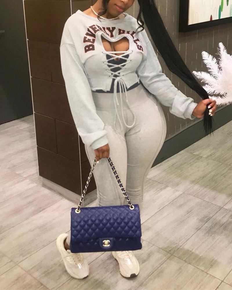 

Letter Print Long Sleeve Cut-out Sweatshirts Cropped Sweatshirt Suit Sets, Gray