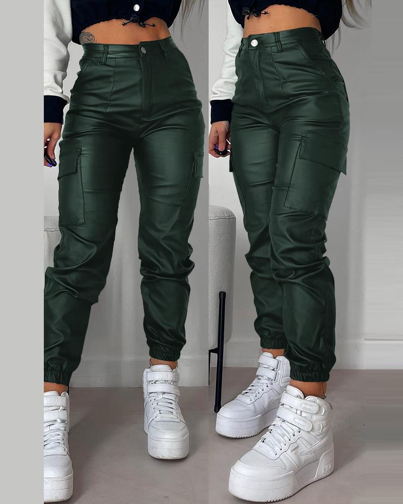 

Pantalones de cuero PU con puños y diseño de bolsillo, Dark green