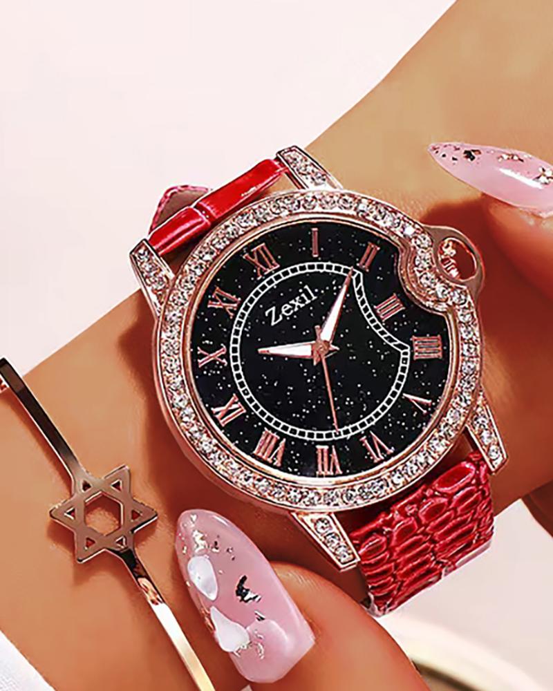 

Rhinestone Decor Luminous Quartz Watch, Red