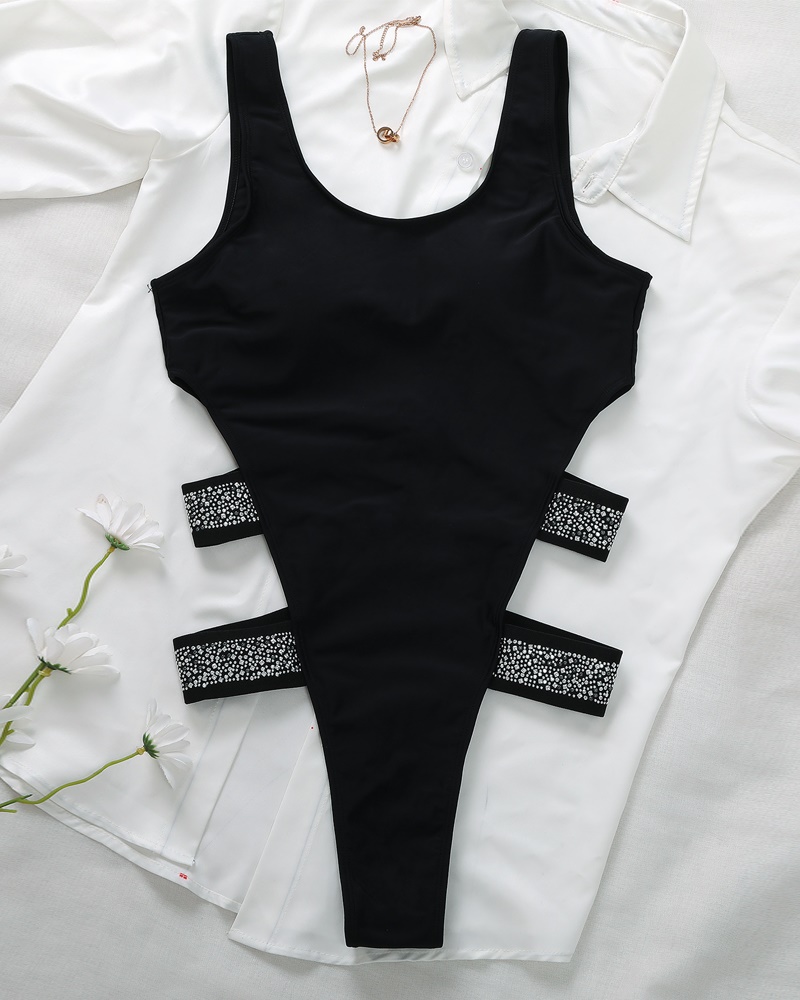 

Rhinestone Cutout Sleeveless One-Piece Swimsuit, Black