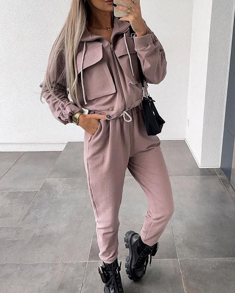 

Pocket Zipper Decor Cargo Coat & Casual Pants Set, Light purple