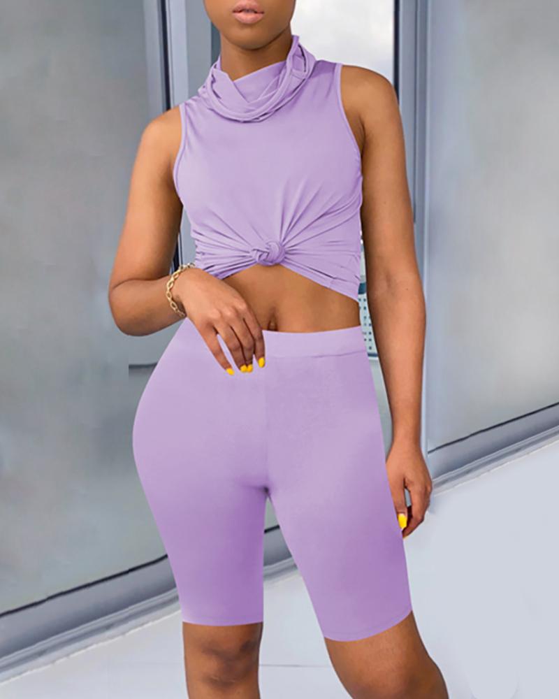 

Solid Sleeveless Casual Top & Shorts Set, Purple