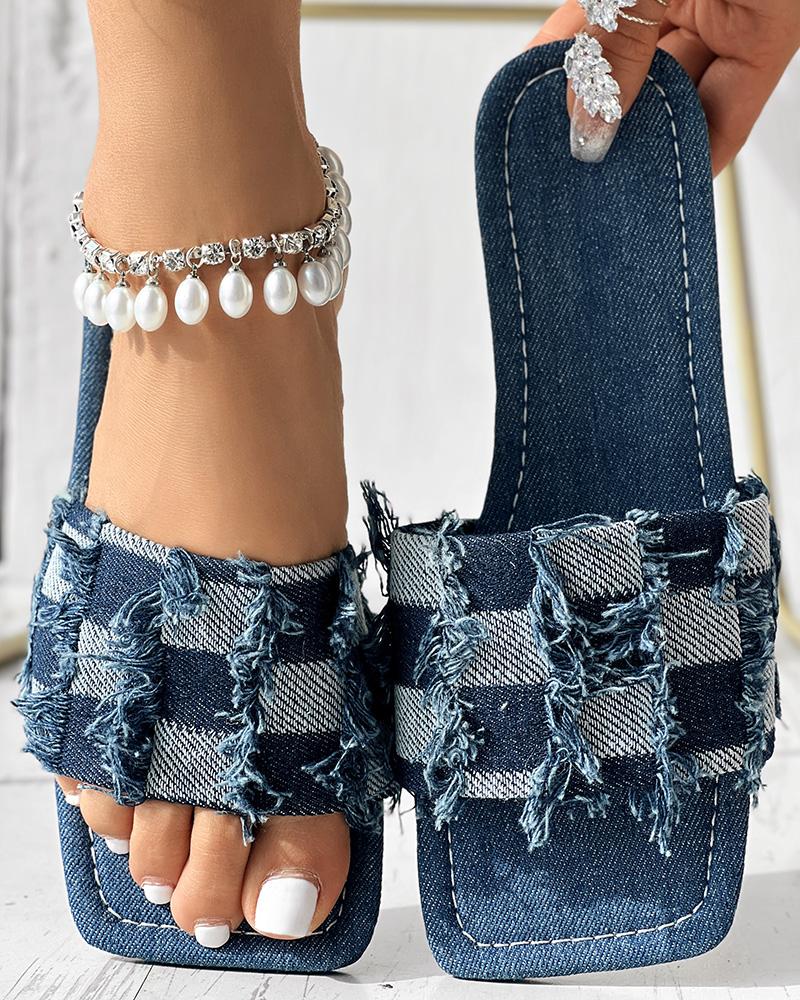 

Colorblock Raw Hem Denim Slippers Outdoor Sandals, Blue