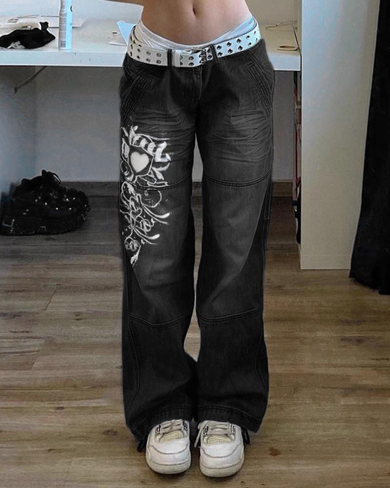 

Graphic Print Low Waist Straight Leg Jeans, Black