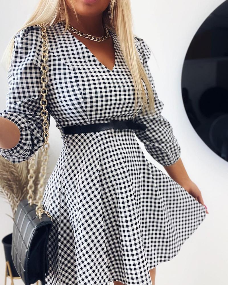 

V Neck Puff Sleeve Plaid Print Casual Dress, Black&white