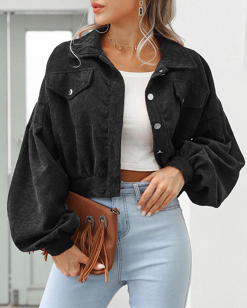 

Lantern Sleeve Button Design Pocket Decor Jacket, Black