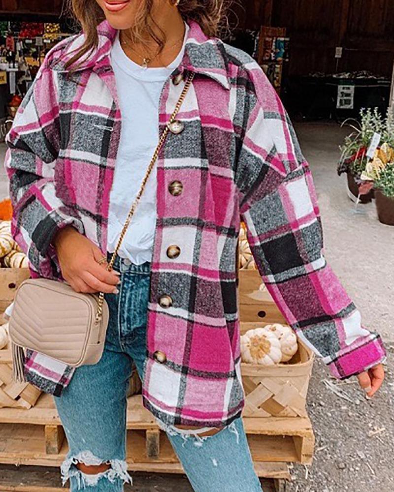 

Long Sleeve Buttoned Plaid Print Shacket, Pink