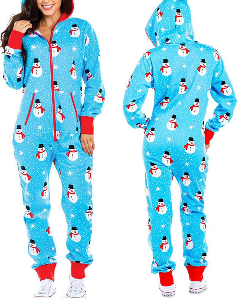 

Christmas Zipper Design Long Sleeve Hooded Lounge Jumpsuit, Blue