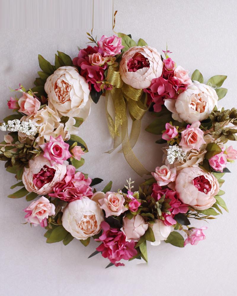 

1pc Artificial Peony Floral Garland Wreath Wedding Decoration Front Door Stairway Window Indoor Outdoor Home Decor Without Silk Ribbon, Pink