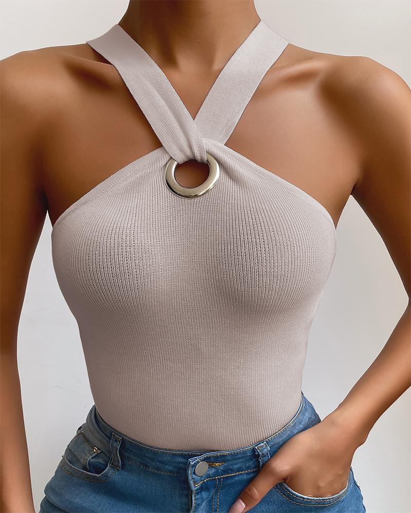 

O-Ring Cold Shoulder Knit Basic Top, Apricot