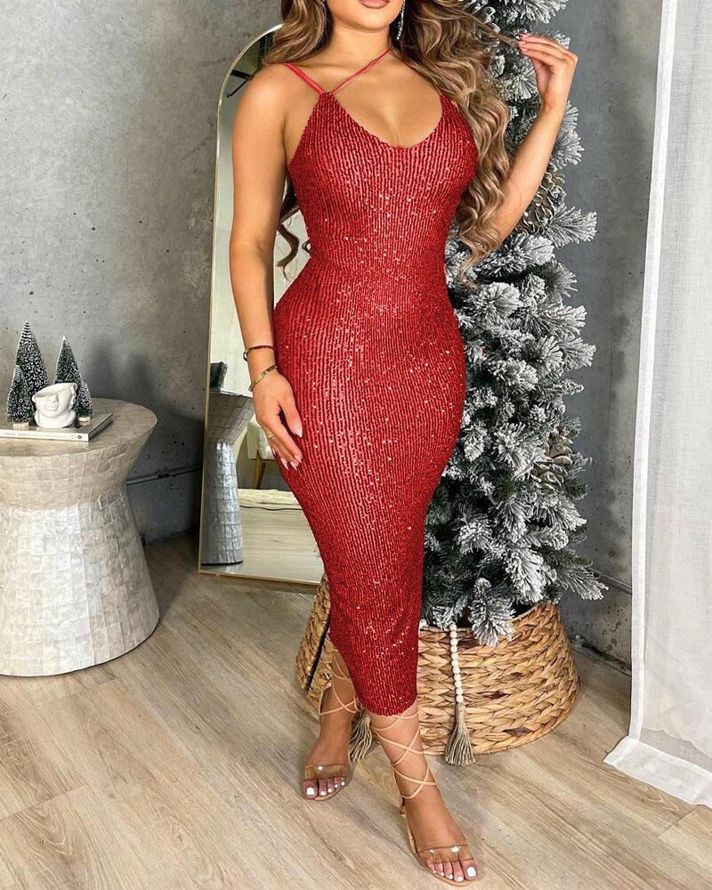 

Spaghetti Strap Split Back Sequin Dress, Red