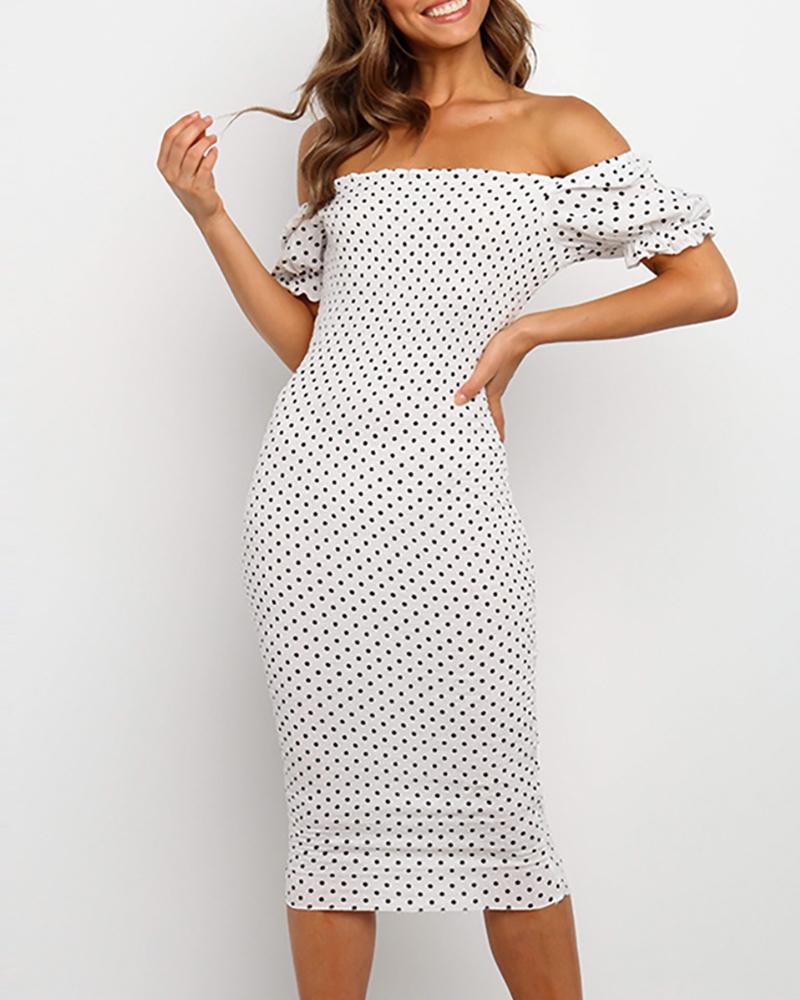 

Off Shoulder Polka Dot Print Frill Hem Dress, White