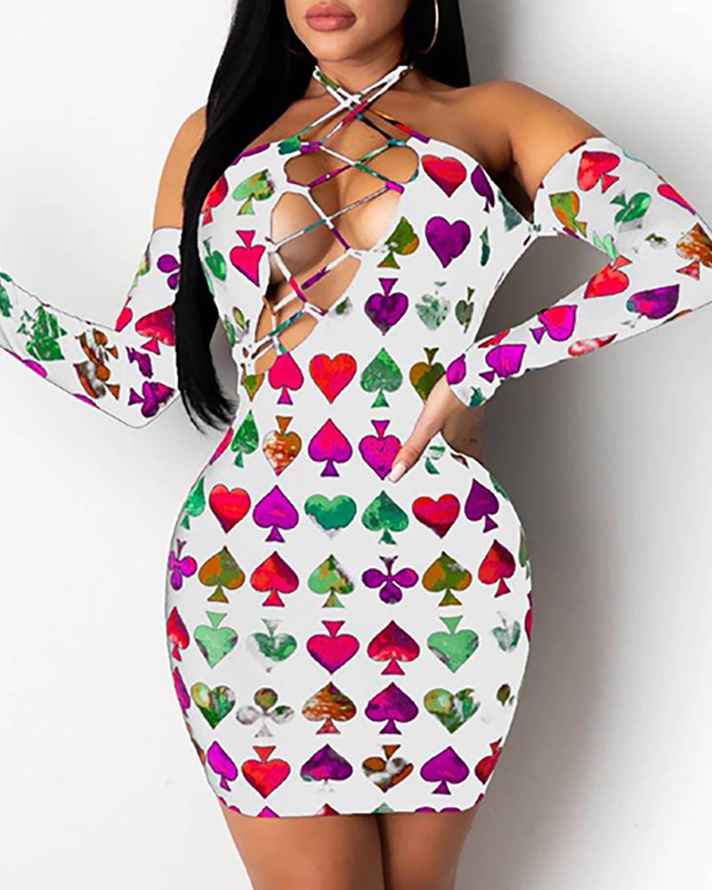 

Heart Spades Print Lace-up Backless Dress, White