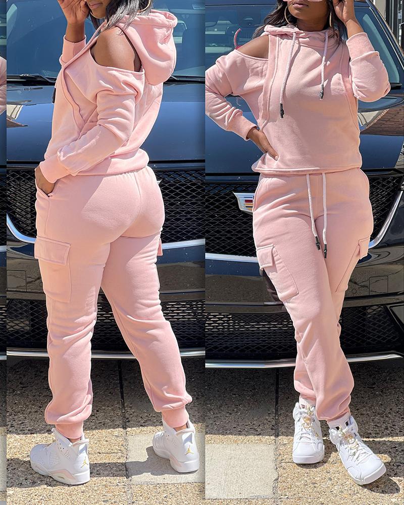

Cold Shoulder Sweatshirt & High Waist Pants Set, Pink