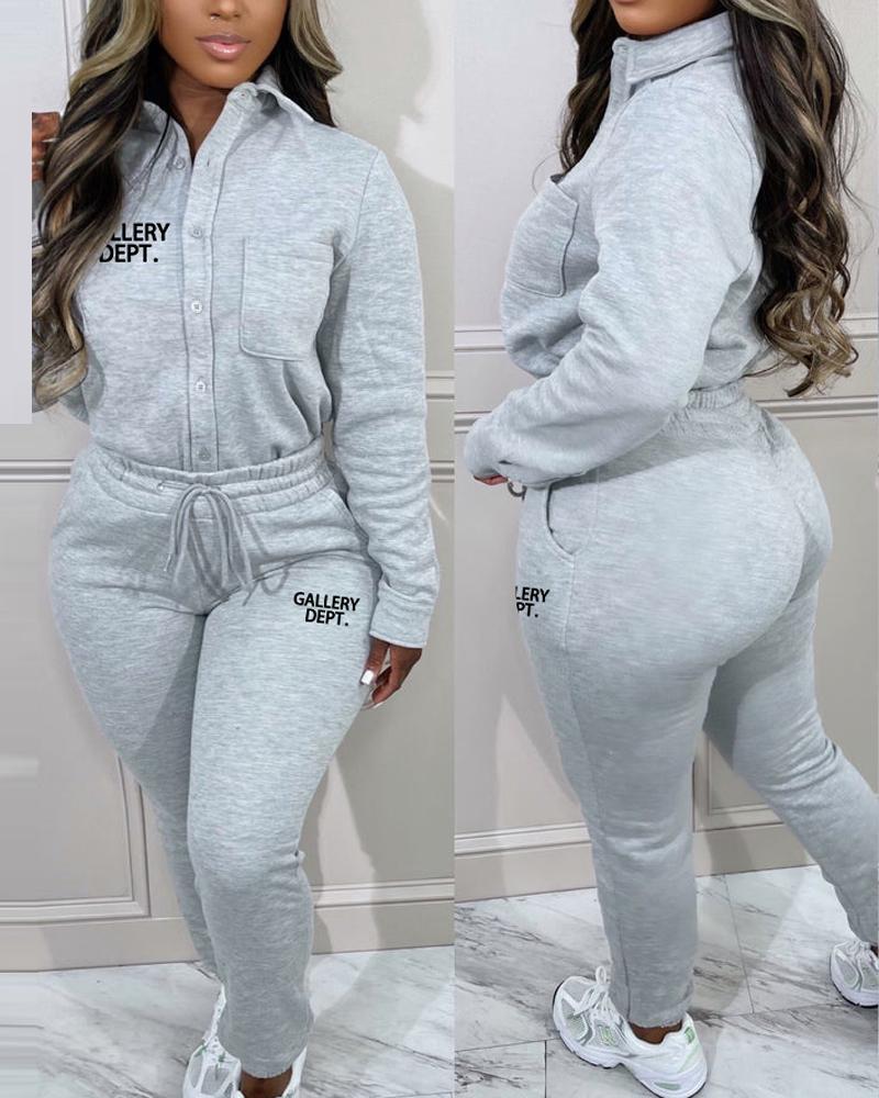 

Letter Print Long Sleeve Buttoned Top & Drawstring Pants Set, Gray
