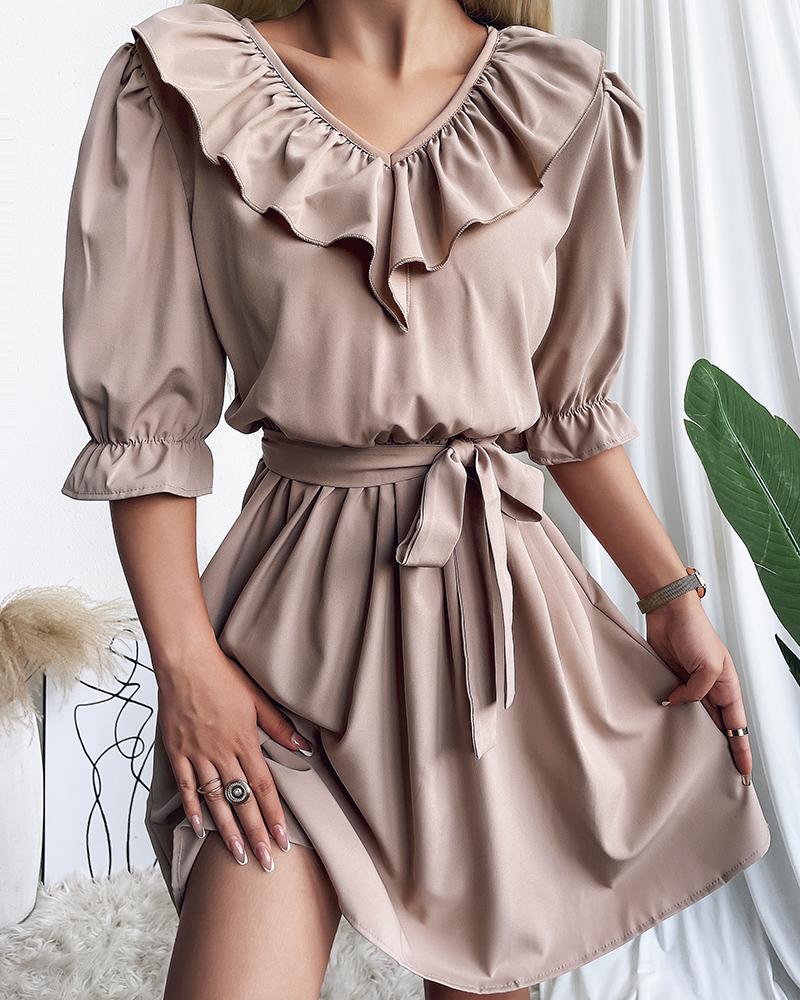 

Solid V-Neck Puff Sleeve Ruffle Hem Belted Dress, Khaki