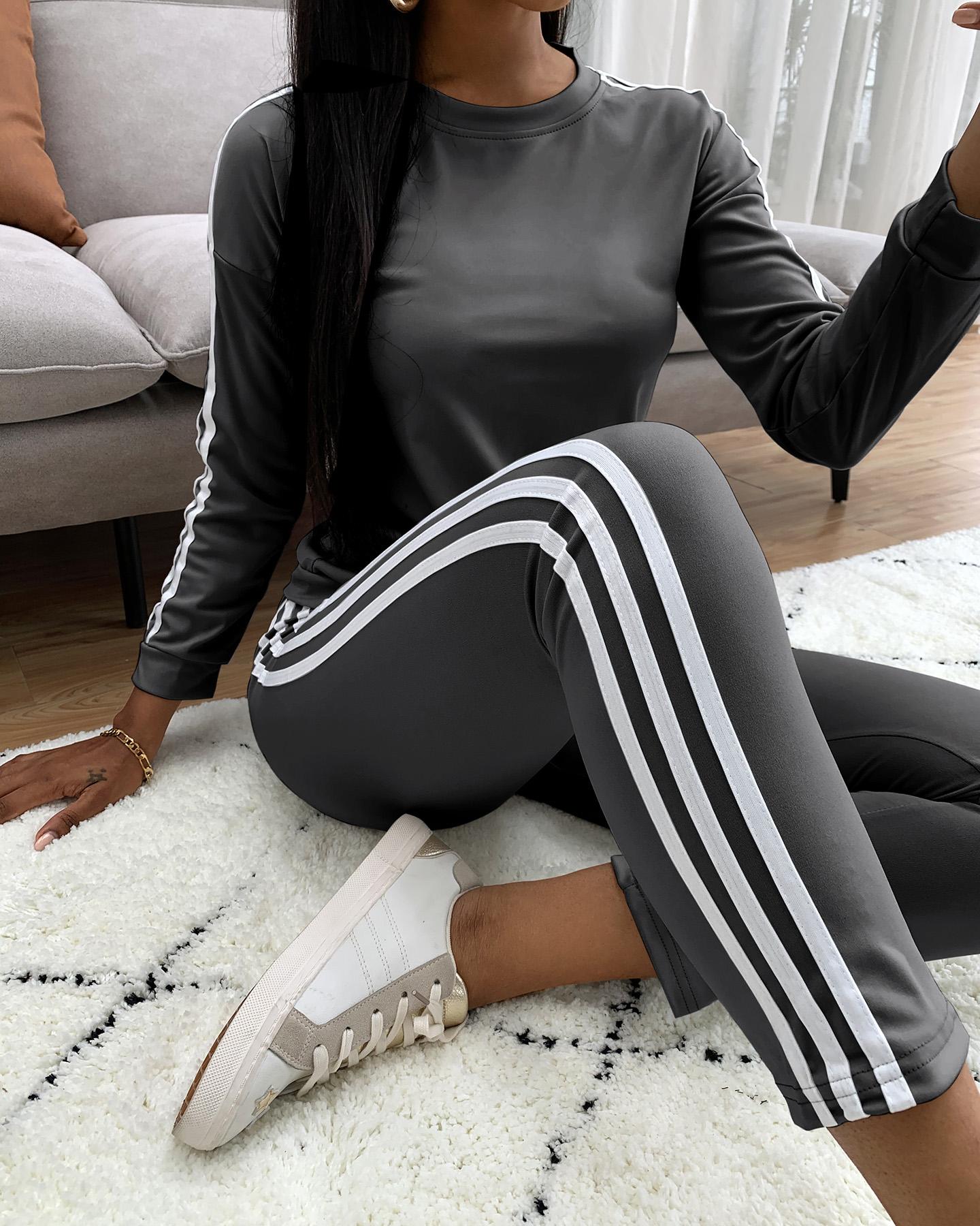 

Striped Tape Long Sleeve Top & Pants Set, Dark grey