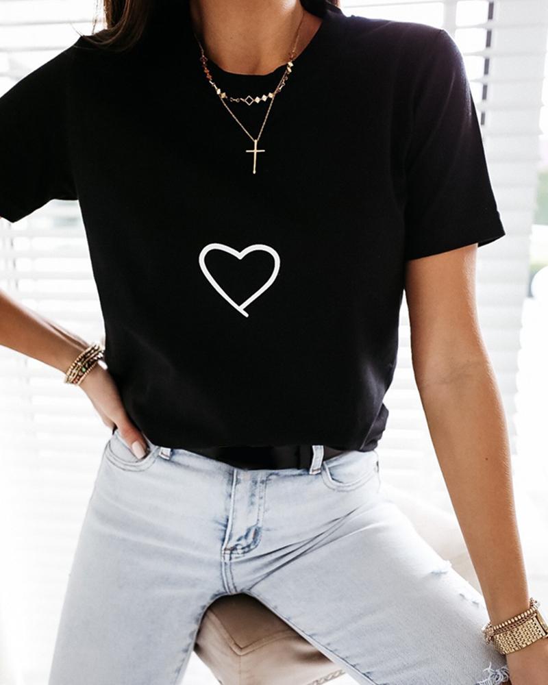 

Heart Print Short Sleeve Casual T-shirt, Black