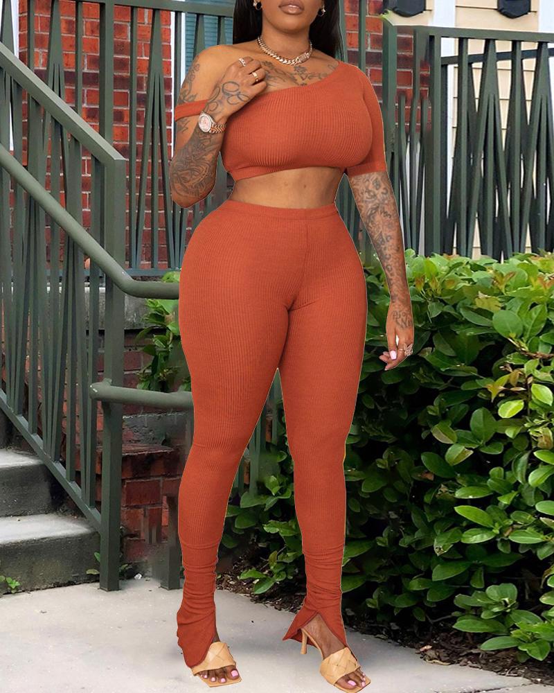 

Solid Color One Shoulder Short Sleeve Cropped Top With Pants Suit Sets, Orange