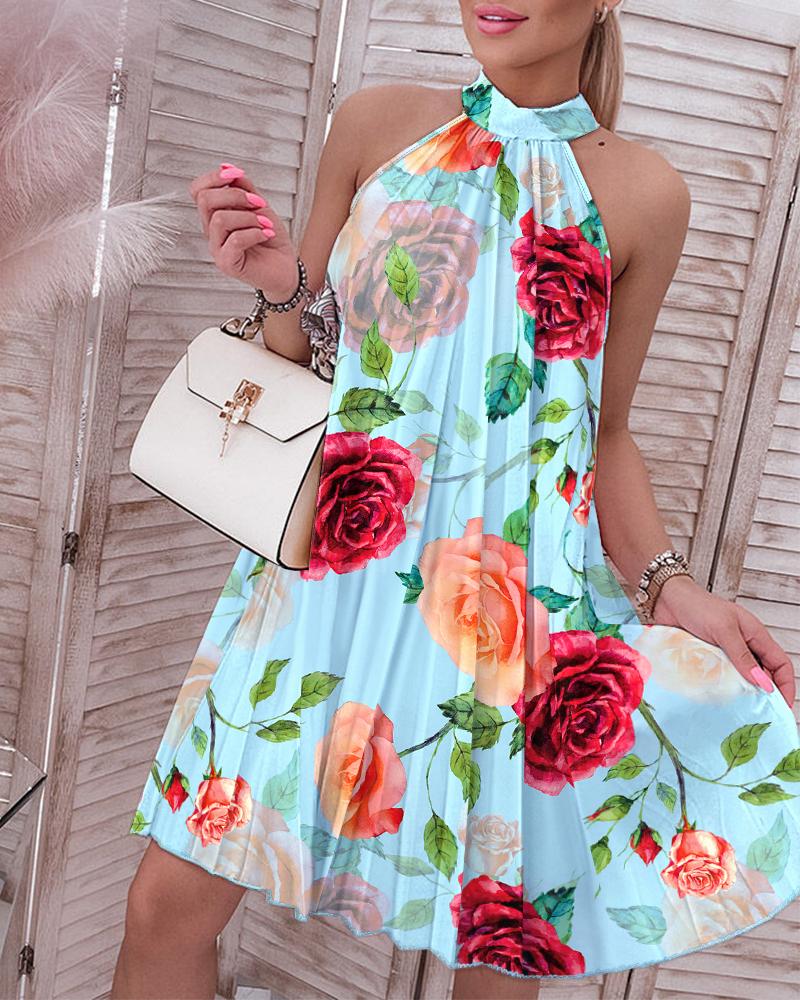 

Rose Print Halter Pleated Dress, Blue