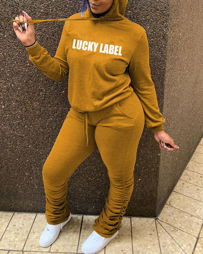 

Letter Print Drawstring Hoodie & Stacked Pants Set, Yellow