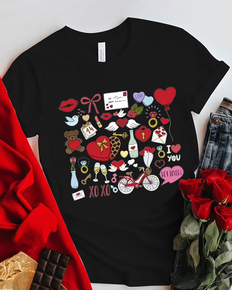 

Valentine' Day Heart Flower Graphic Print Short Sleeve T-shirt, Black