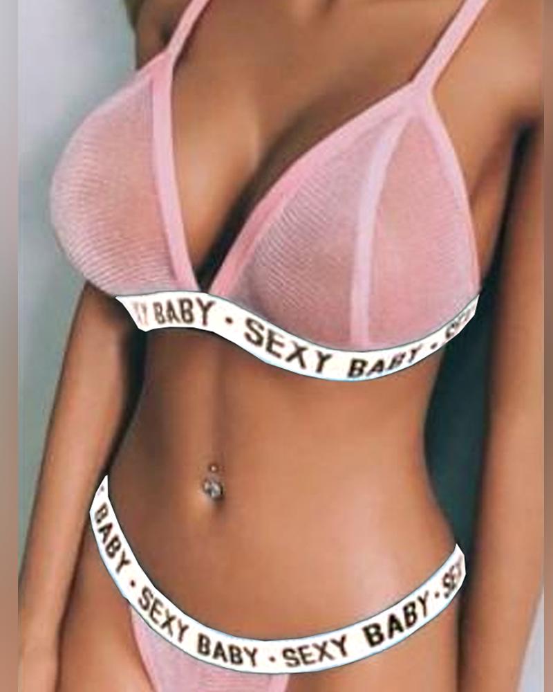 

Letter Printing Patchwork Srap Bra With Panties Sexy Sets, Pink