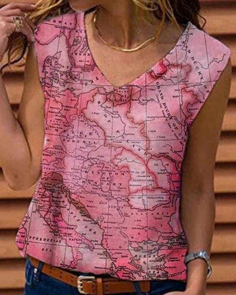 

Map Print Sleeveless Tank Top, Red