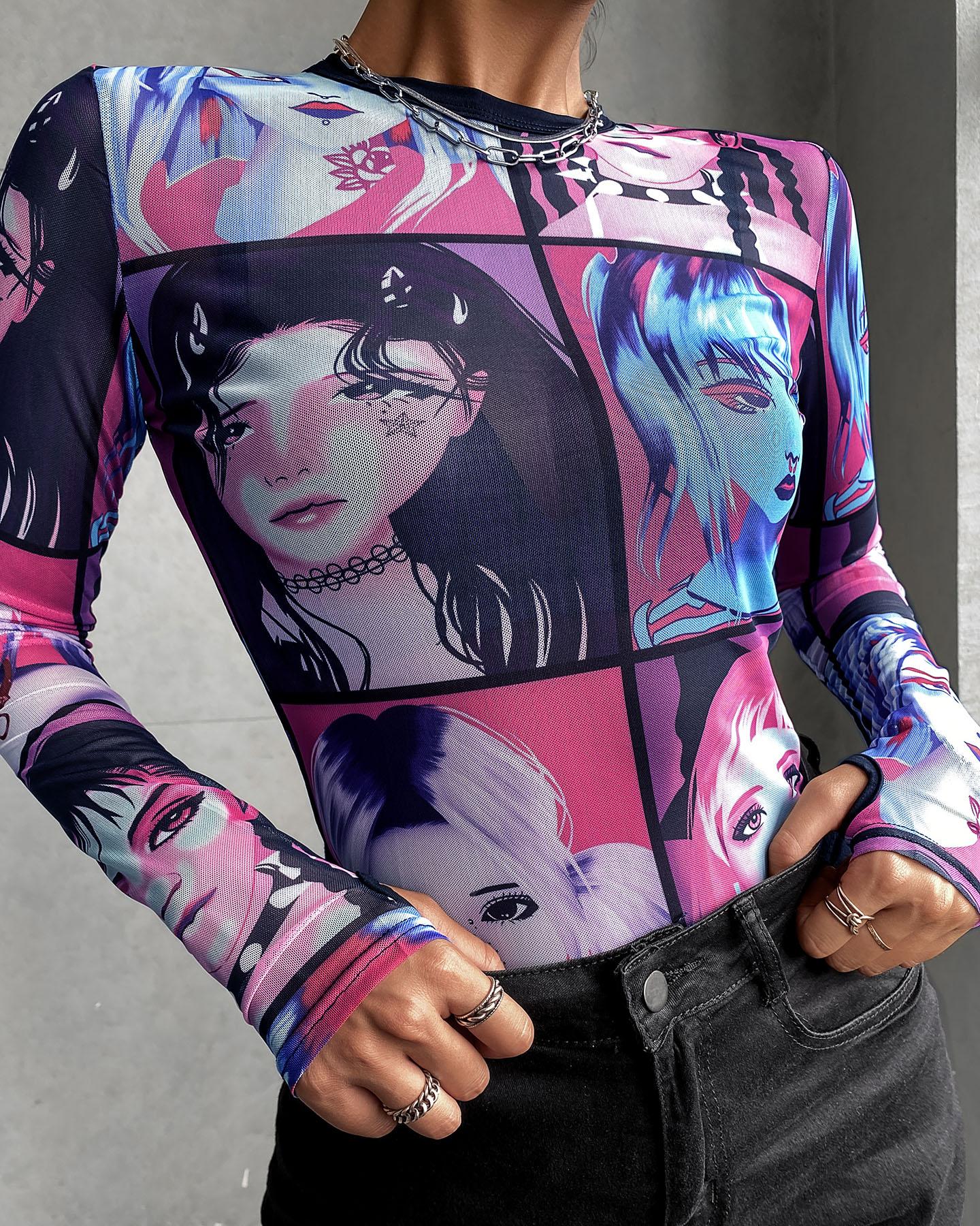 

Figure Print Long Sleeve Mesh Top, Purple