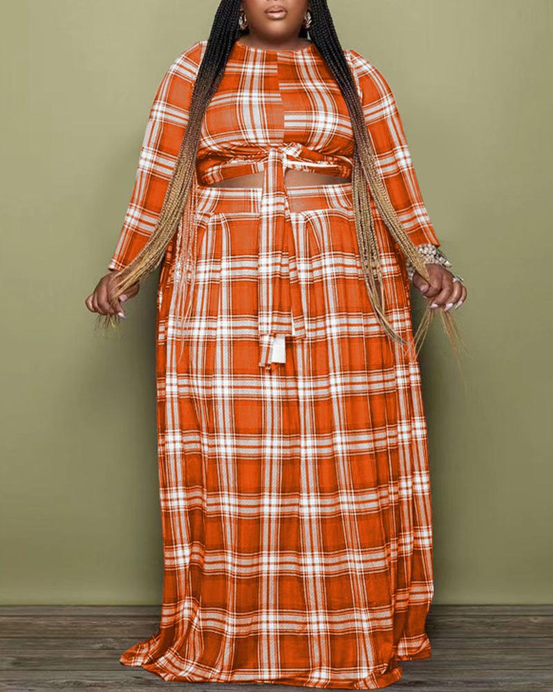 

Plus Size Plaid Print Tied Detail Crop Top & Skirt Set, Orange