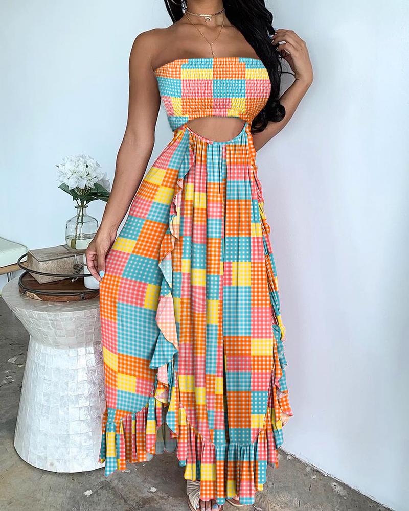 

Vacational Backless Cutout Frill Hem Multicolored Print Dress, Multicolor