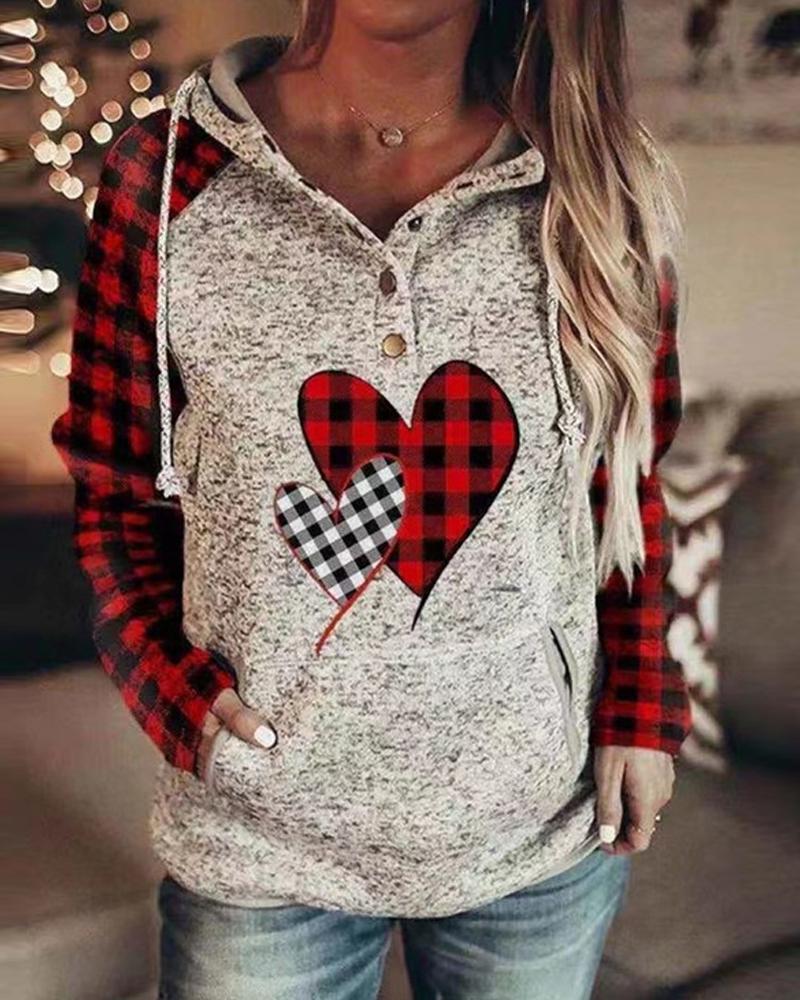 

Valentine' Day Heart Plaid Print Casual Hoodie, Gray