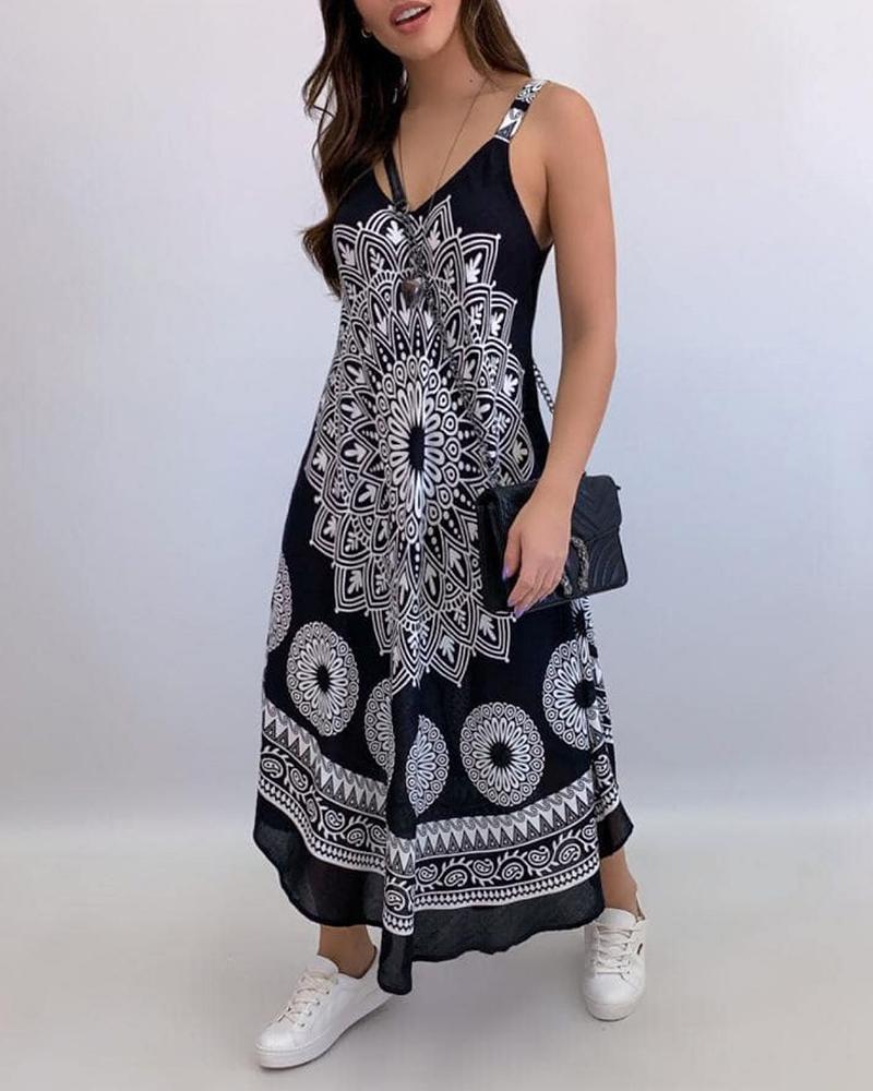 

All Over Print V Neck Thick Strap Maxi Dress, Black