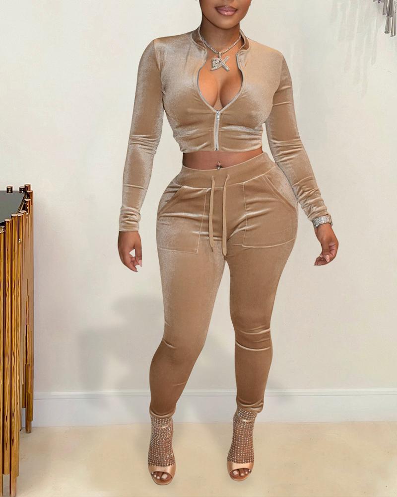 

Velvet Long Sleeve Zip Up Crop Top & Pants Set, Khaki