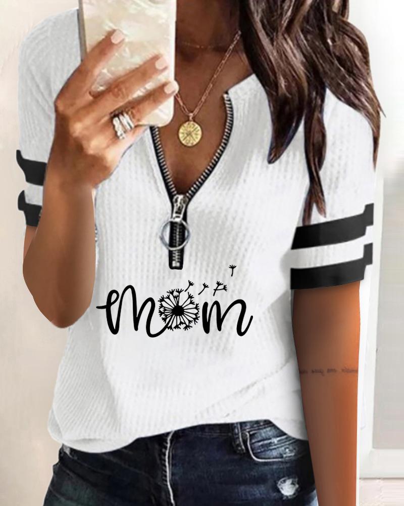 

Letter Print Zipper Front V-neck T-shirt, Style2