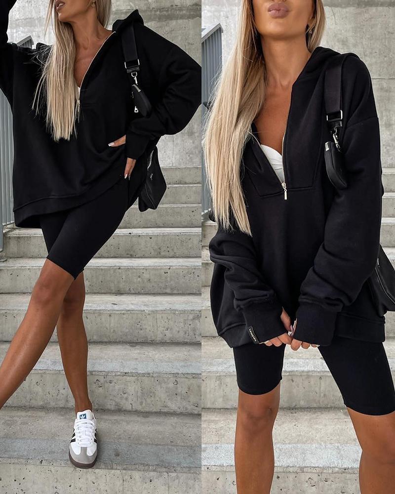 

Zipper Design Hooded Sweatshirt & Sweat Shorts Set, Black