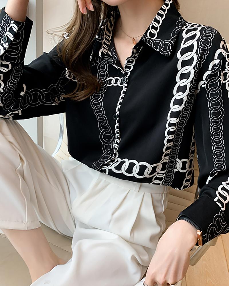 

Chain Print Button Decor Long Sleeve Work Top, Black