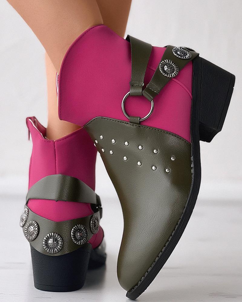 

Studded Vintage Colorblock Cowboy Boots, Hot pink