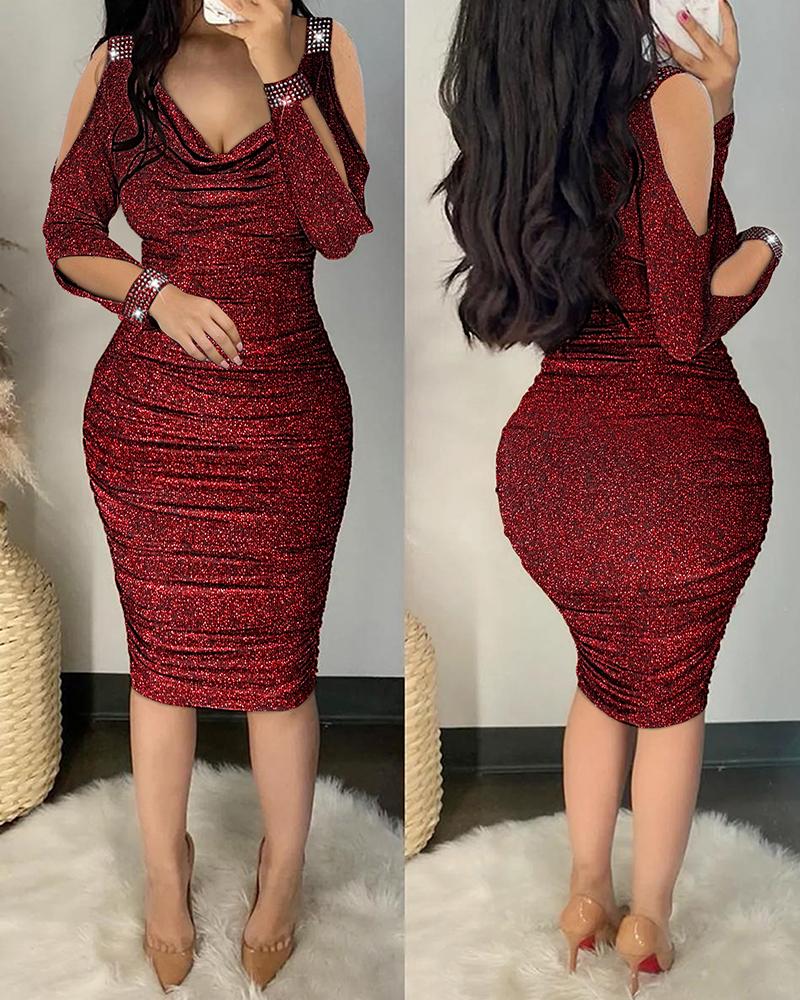 

Rhinestone Cold Shoulder Ruched Glitter Bodycon Dress, Red