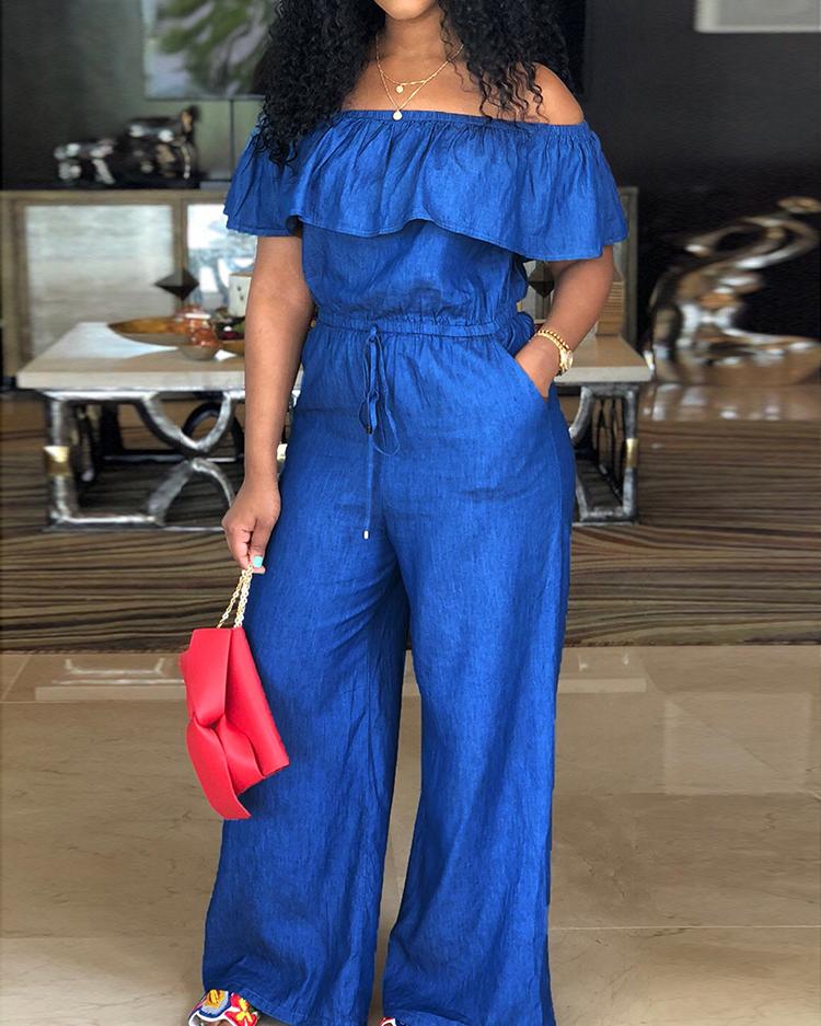 

Off Shoulder Drawstring Wide Leg Denim Jumpsuit, Dark blue