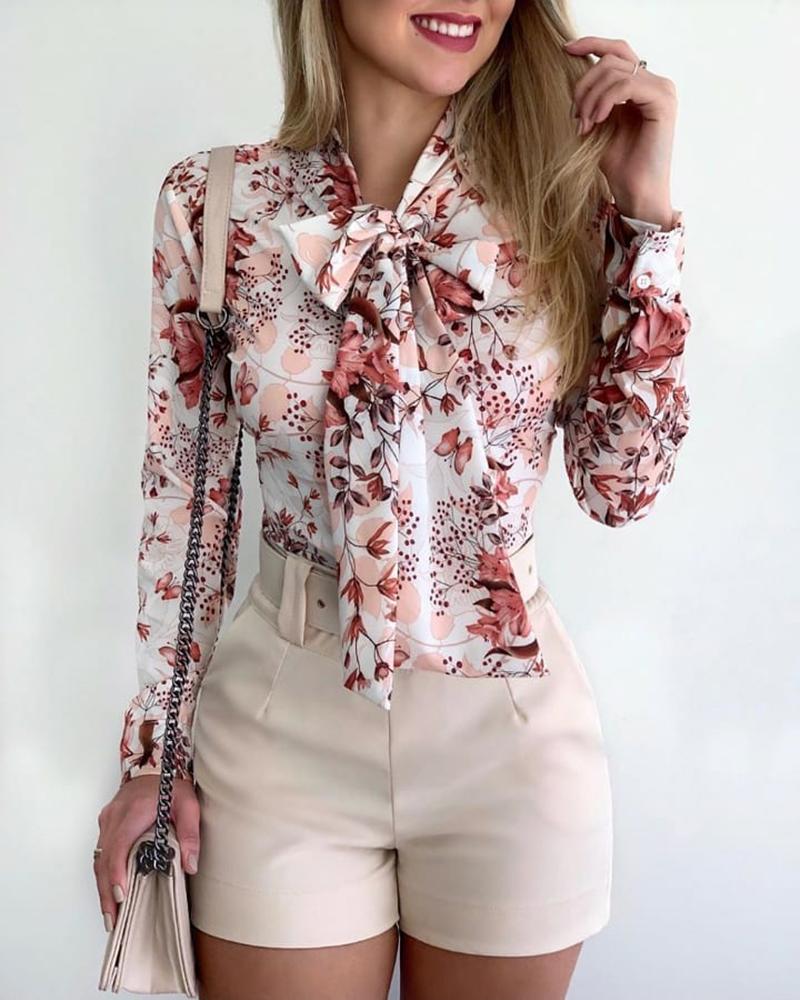

Tie Neck Botanical Floral Print Casual Blouse, Red